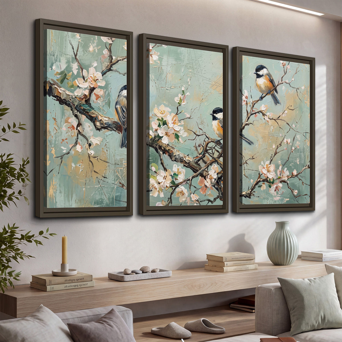 Small colorful songbirds perched among pale blossoms on soft aqua 3 piece framed canvas wall art displayed in a console