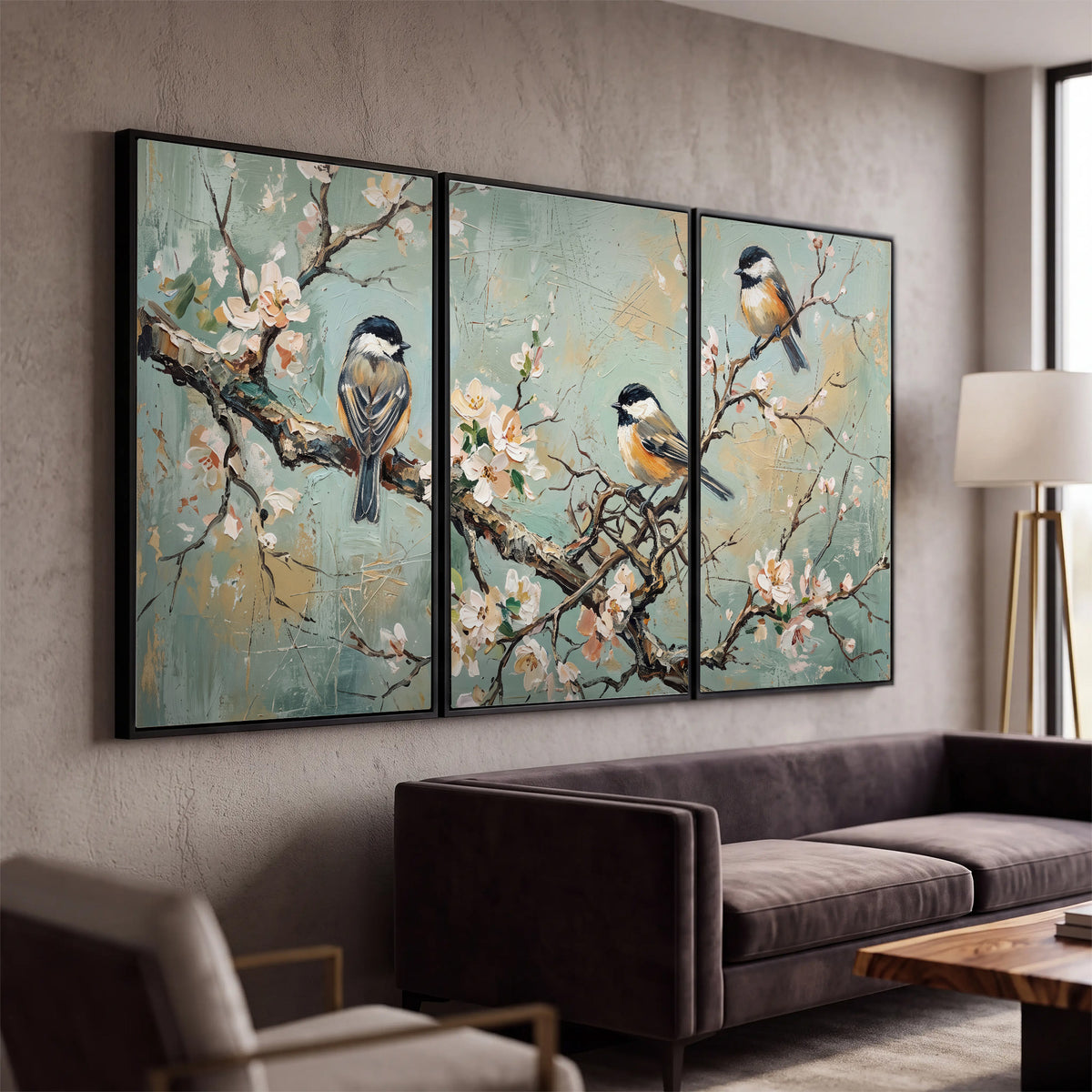 Small colorful songbirds perched among pale blossoms on soft aqua 3 piece framed canvas wall art displayed in a modern living room