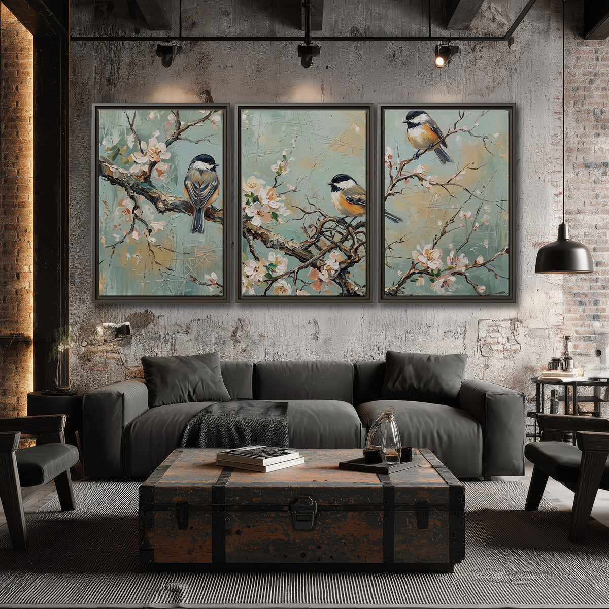 Small colorful songbirds perched among pale blossoms on soft aqua 3 piece framed canvas wall art displayed in a industrial room
