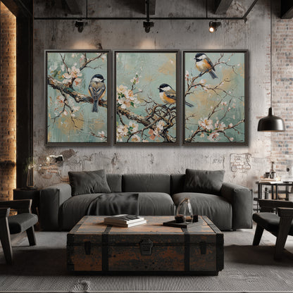 Small colorful songbirds perched among pale blossoms on soft aqua 3 piece framed canvas wall art displayed in a industrial room