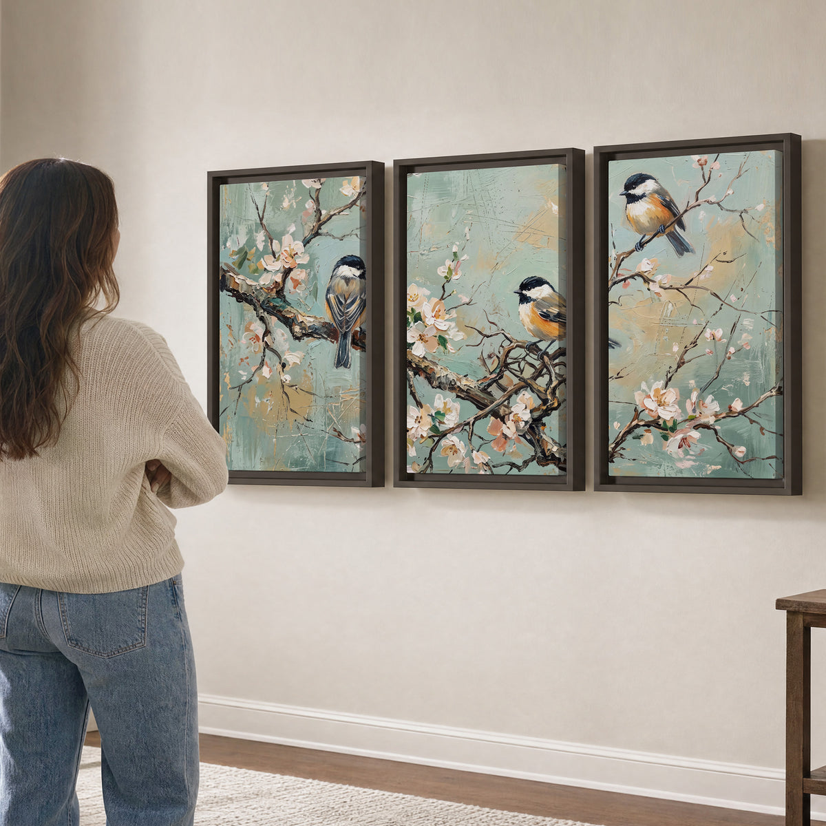 Small colorful songbirds perched among pale blossoms on soft aqua 3 piece framed canvas wall art three panel arrangement on a wall