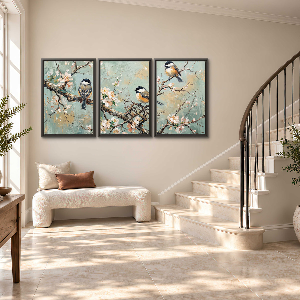 Small colorful songbirds perched among pale blossoms on soft aqua 3 piece framed canvas wall art styled in an interior