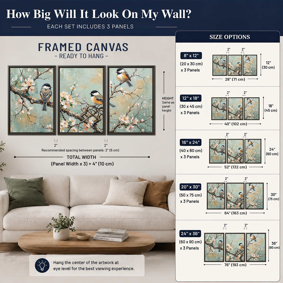 Small colorful songbirds perched among pale blossoms on soft aqua 3 piece framed canvas wall art size guide above a sofa; room view is illustrative