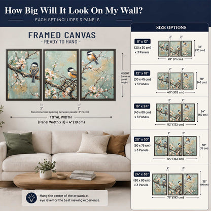 Small colorful songbirds perched among pale blossoms on soft aqua 3 piece framed canvas wall art size guide above a sofa; room view is illustrative