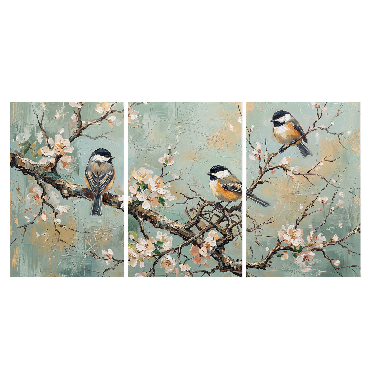 Small colorful songbirds perched among pale blossoms on soft aqua set of 3 poster prints viewed straight on