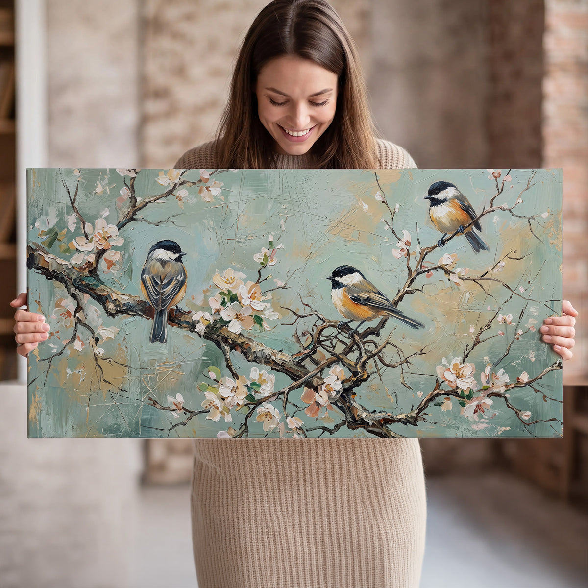 Small colorful songbirds perched among pale blossoms on soft aqua single canvas wall art held in hands