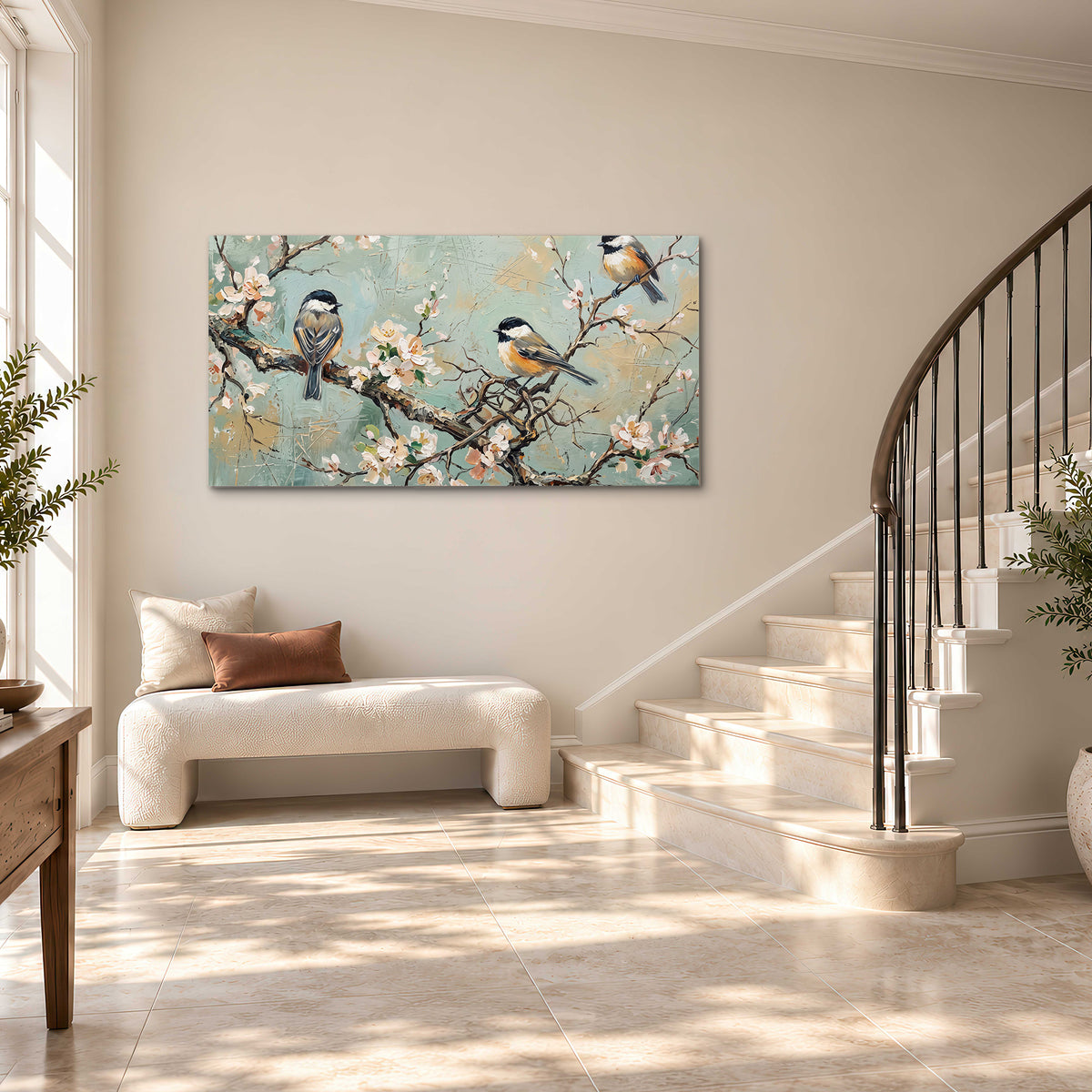 Small colorful songbirds perched among pale blossoms on soft aqua single canvas wall art styled in an interior
