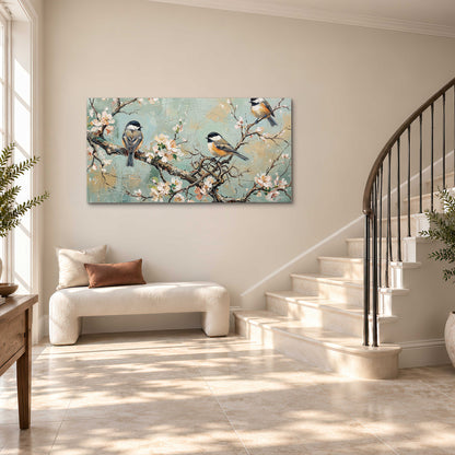 Small colorful songbirds perched among pale blossoms on soft aqua single canvas wall art styled in an interior