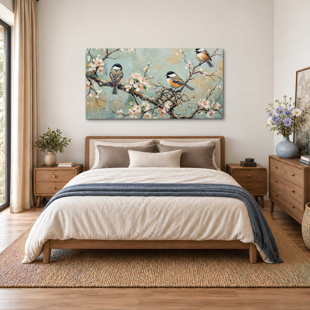 Small colorful songbirds perched among pale blossoms on soft aqua single canvas wall art styled in an interior