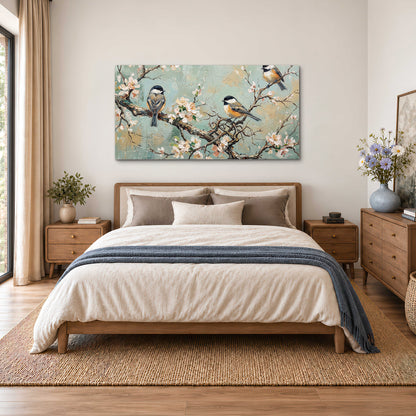 Small colorful songbirds perched among pale blossoms on soft aqua single canvas wall art styled in an interior