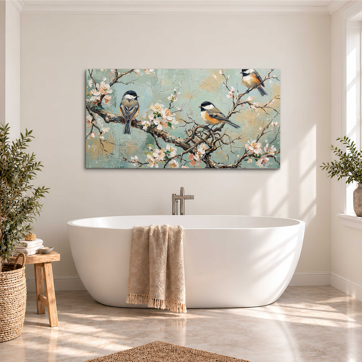 Small colorful songbirds perched among pale blossoms on soft aqua single canvas wall art styled in an interior