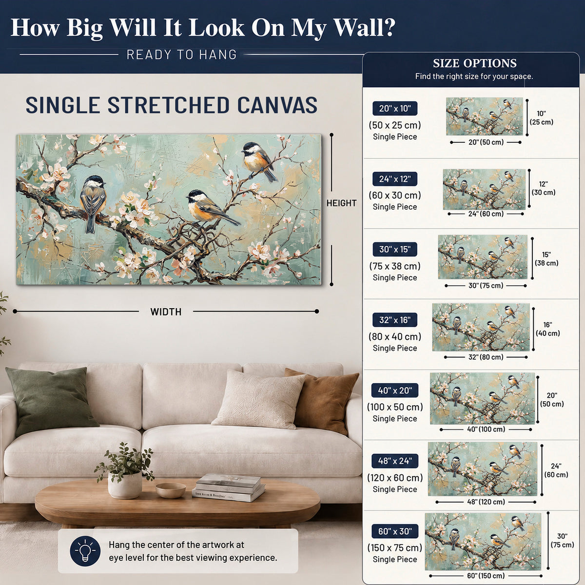 Small colorful songbirds perched among pale blossoms on soft aqua single canvas wall art size guide above a sofa; room view is illustrative