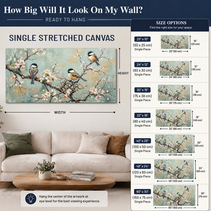 Small colorful songbirds perched among pale blossoms on soft aqua single canvas wall art size guide above a sofa; room view is illustrative
