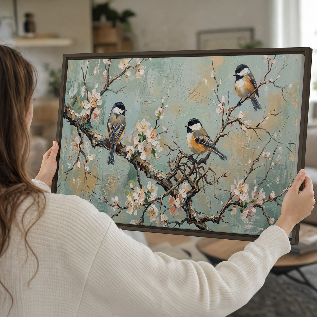 Small colorful songbirds perched among pale blossoms on soft aqua single framed canvas wall art held in hands