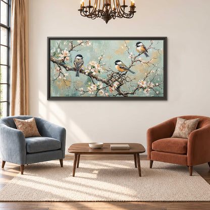 Small colorful songbirds perched among pale blossoms on soft aqua single framed canvas wall art styled in an interior