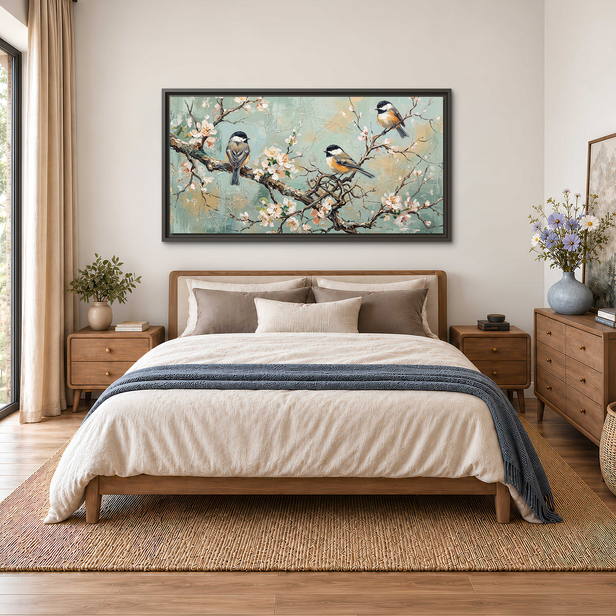 Small colorful songbirds perched among pale blossoms on soft aqua single framed canvas wall art styled in an interior