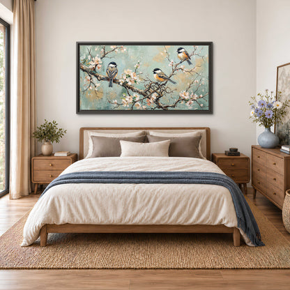 Small colorful songbirds perched among pale blossoms on soft aqua single framed canvas wall art styled in an interior