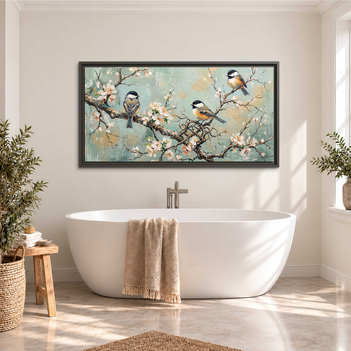 Small colorful songbirds perched among pale blossoms on soft aqua single framed canvas wall art styled in an interior