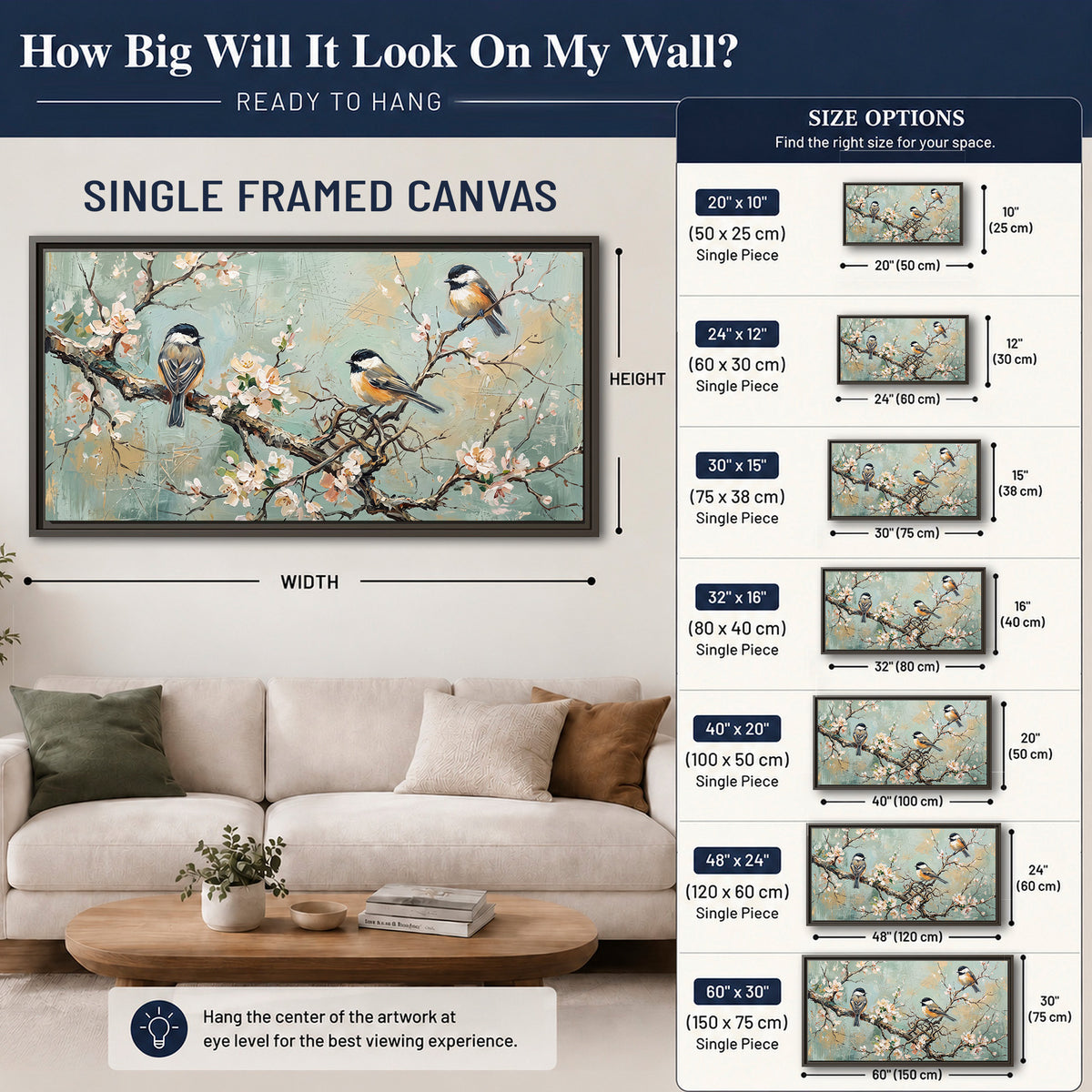Small colorful songbirds perched among pale blossoms on soft aqua single framed canvas wall art size guide above a sofa; room view is illustrative