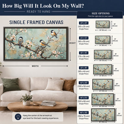 Small colorful songbirds perched among pale blossoms on soft aqua single framed canvas wall art size guide above a sofa; room view is illustrative
