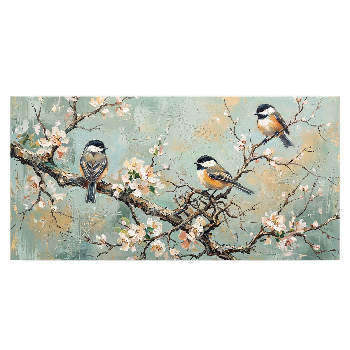 Small colorful songbirds perched among pale blossoms on soft aqua single poster print viewed straight on