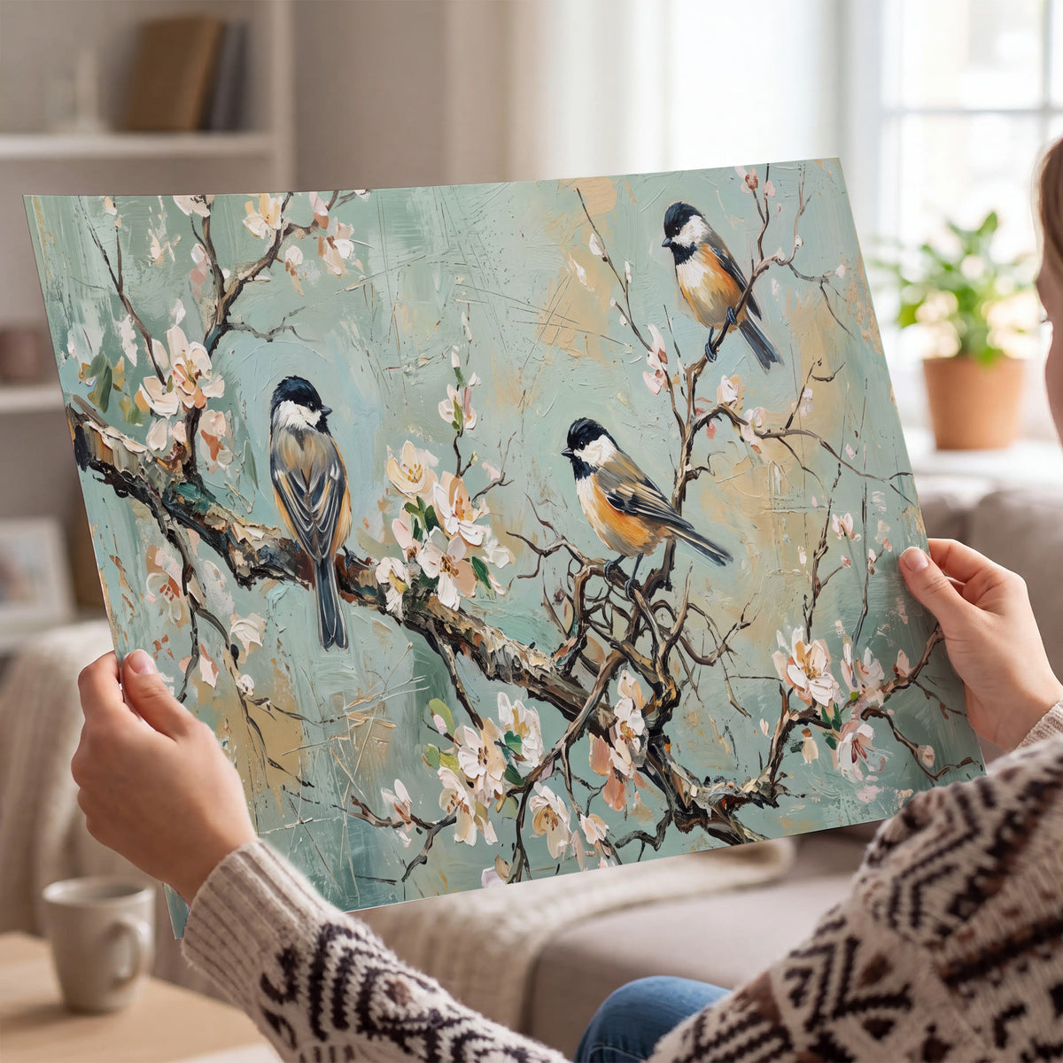 Small colorful songbirds perched among pale blossoms on soft aqua single poster print held in hands