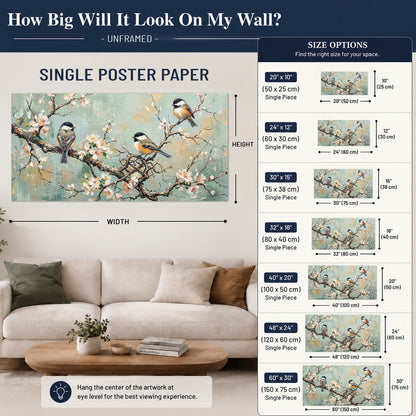 Small colorful songbirds perched among pale blossoms on soft aqua single poster print size guide above a sofa; room view is illustrative