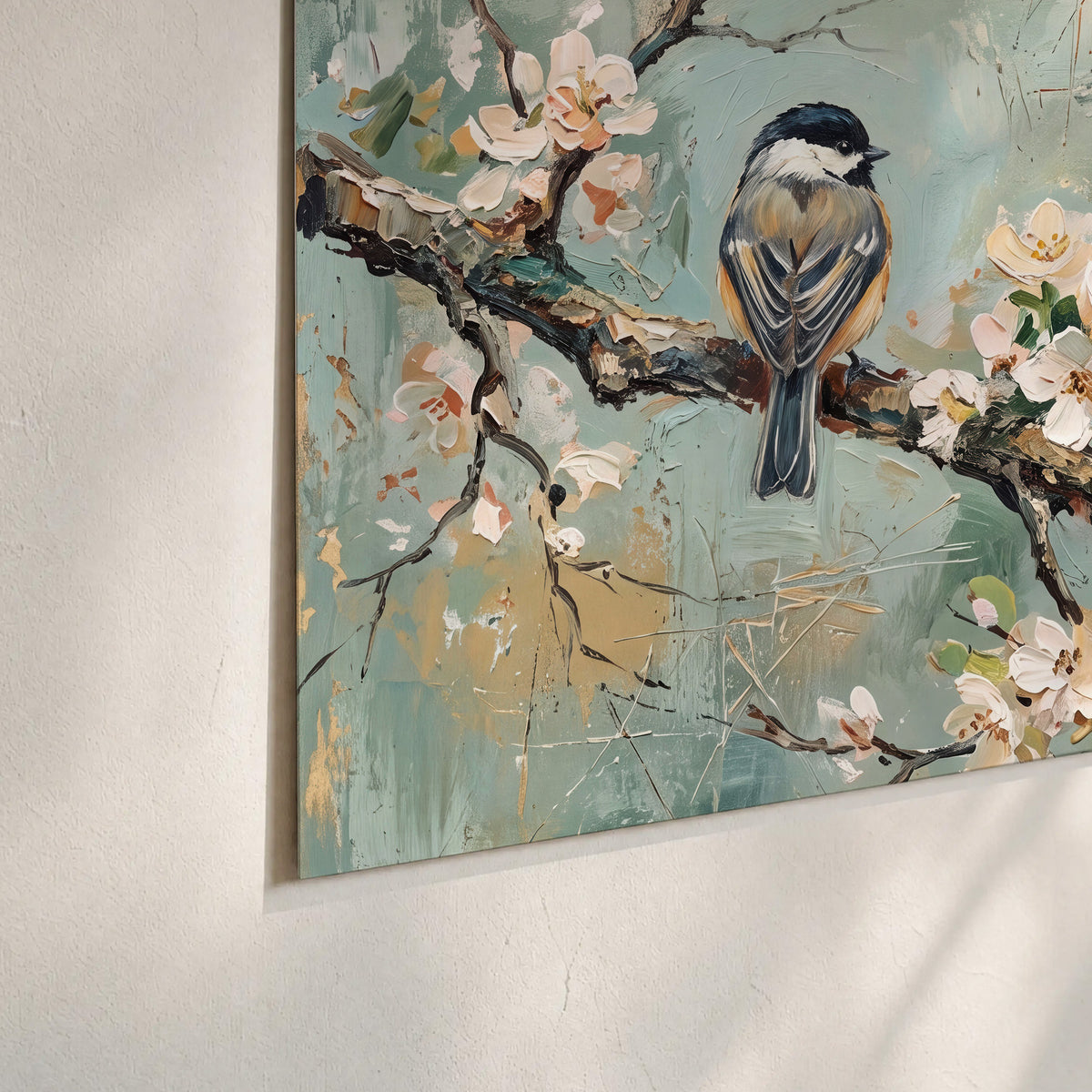 Small colorful songbirds perched among pale blossoms on soft aqua set of 3 poster prints material and edge close up