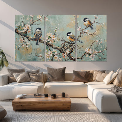 Small colorful songbirds perched among pale blossoms on soft aqua set of 3 poster prints displayed in a living room