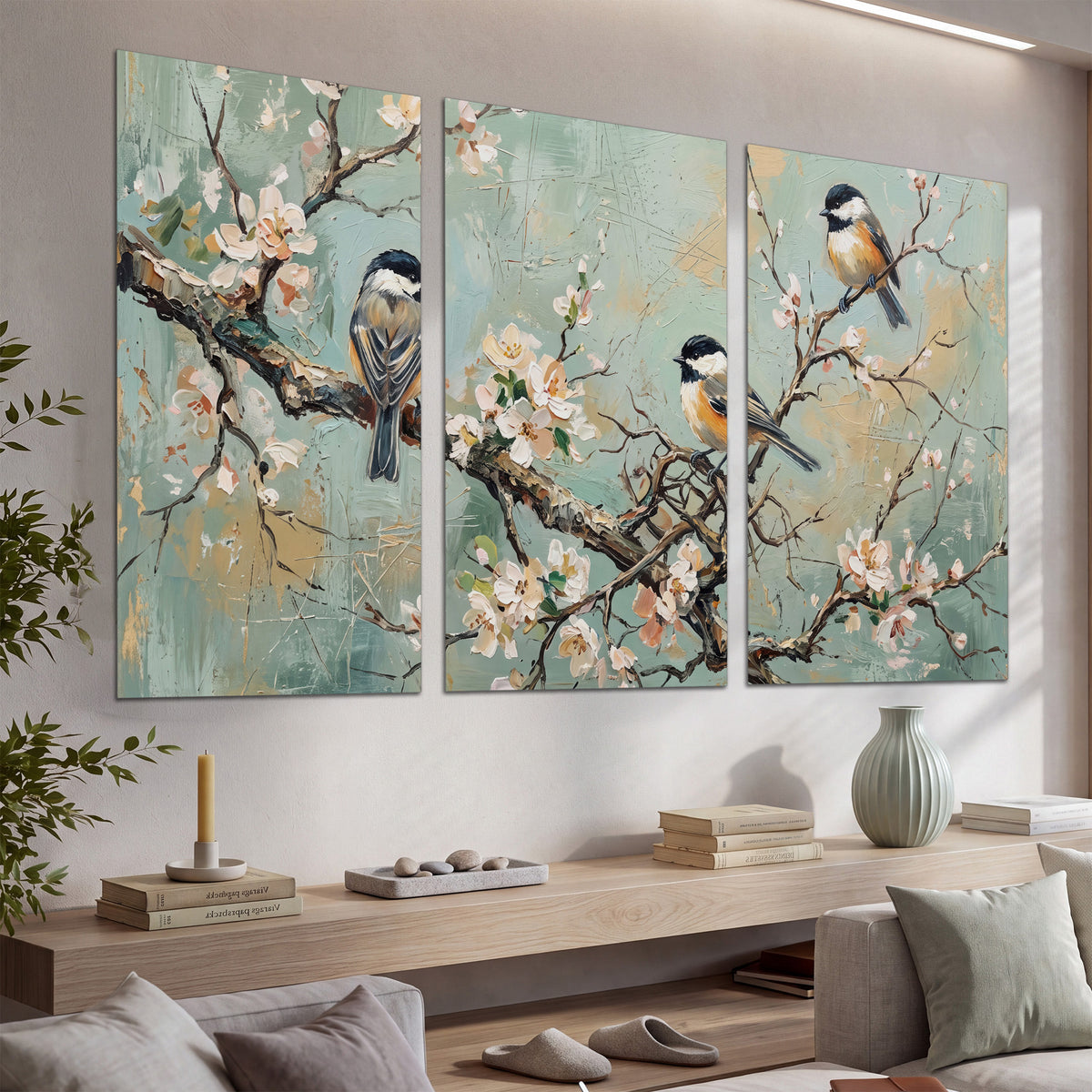 Small colorful songbirds perched among pale blossoms on soft aqua set of 3 poster prints displayed in a console