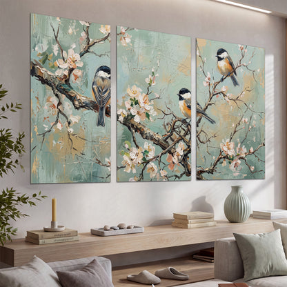 Small colorful songbirds perched among pale blossoms on soft aqua set of 3 poster prints displayed in a console