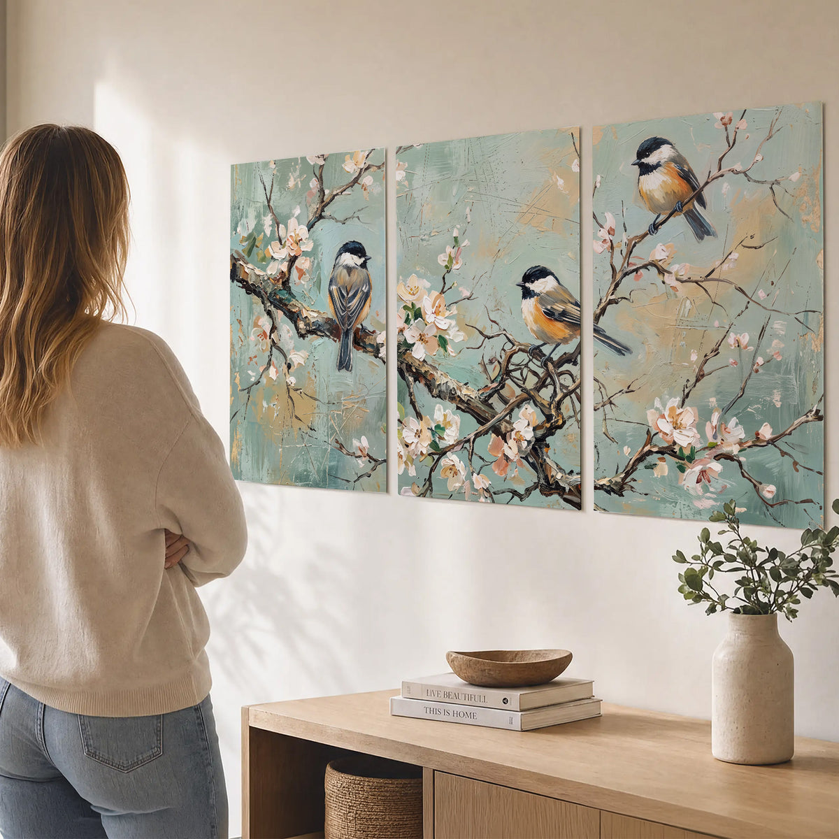 Small colorful songbirds perched among pale blossoms on soft aqua set of 3 poster prints three panel arrangement on a wall