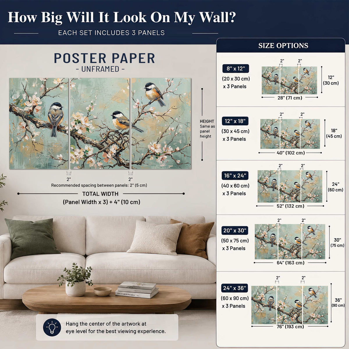 Small colorful songbirds perched among pale blossoms on soft aqua set of 3 poster prints size guide above a sofa; room view is illustrative