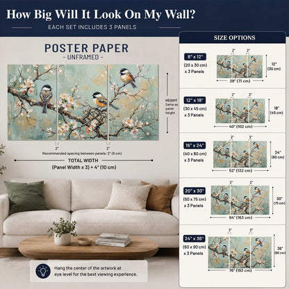 Small colorful songbirds perched among pale blossoms on soft aqua set of 3 poster prints size guide above a sofa; room view is illustrative