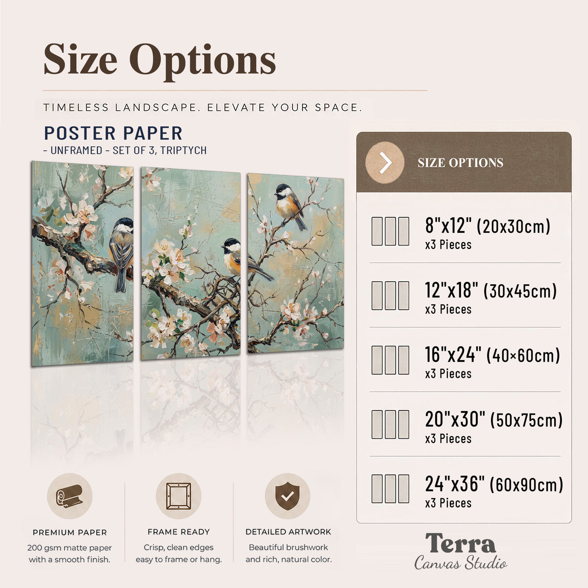Small colorful songbirds perched among pale blossoms on soft aqua set of 3 poster prints available dimensions; triptych dimensions are per panel