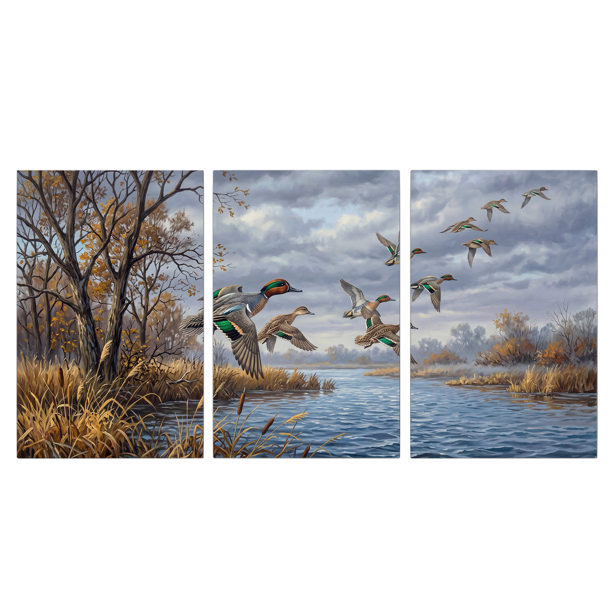 Ducks taking flight over a blue river framed by autumn branches 3 piece canvas wall art viewed straight on