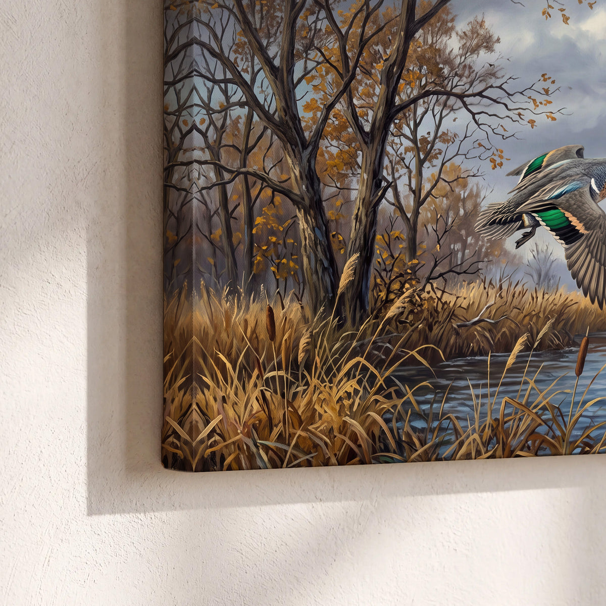Ducks taking flight over a blue river framed by autumn branches 3 piece canvas wall art material and edge close up