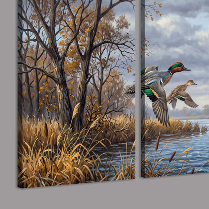 Ducks taking flight over a blue river framed by autumn branches 3 piece canvas wall art room and product view