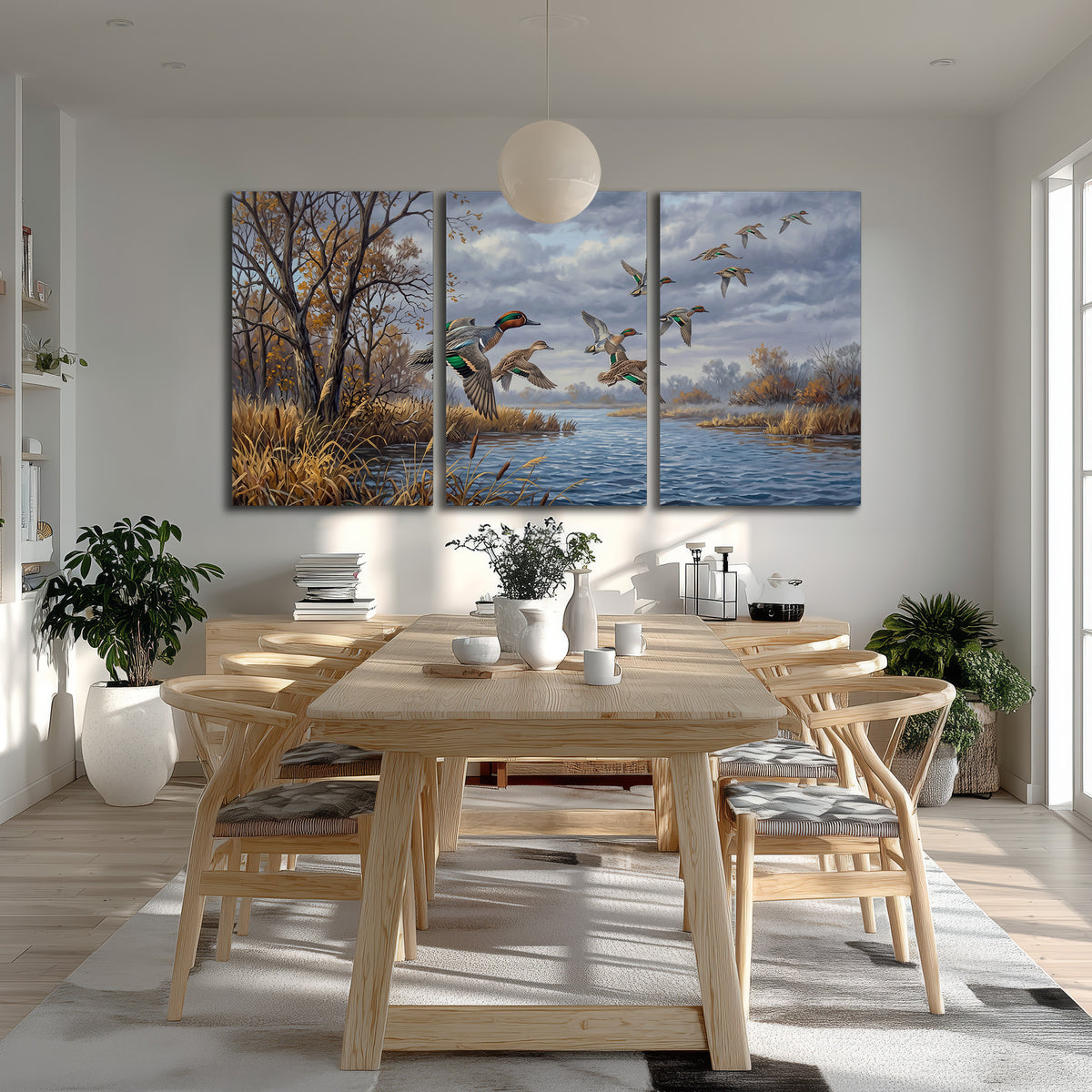 Ducks taking flight over a blue river framed by autumn branches 3 piece canvas wall art room and product view