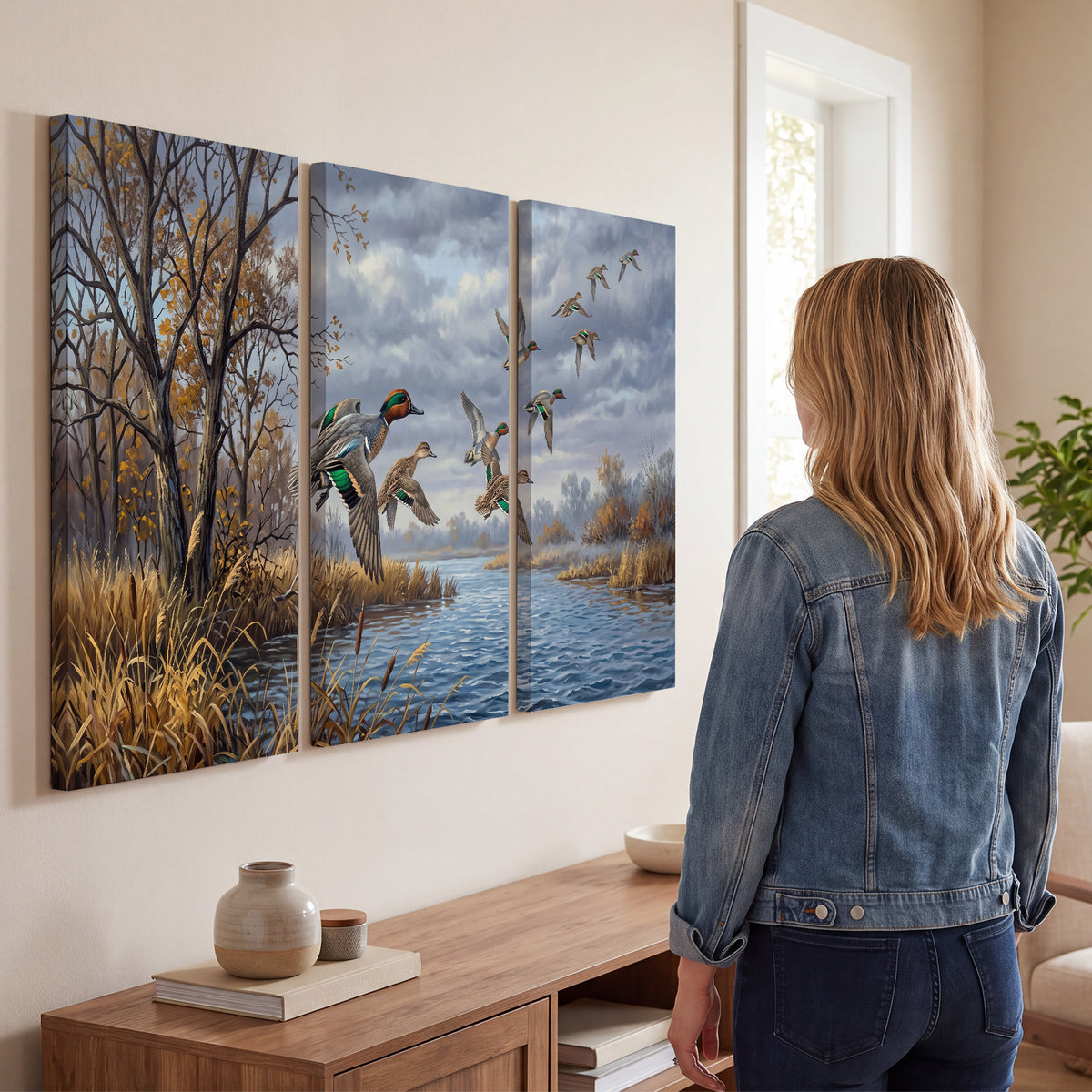 Ducks taking flight over a blue river framed by autumn branches 3 piece canvas wall art three panel arrangement on a wall