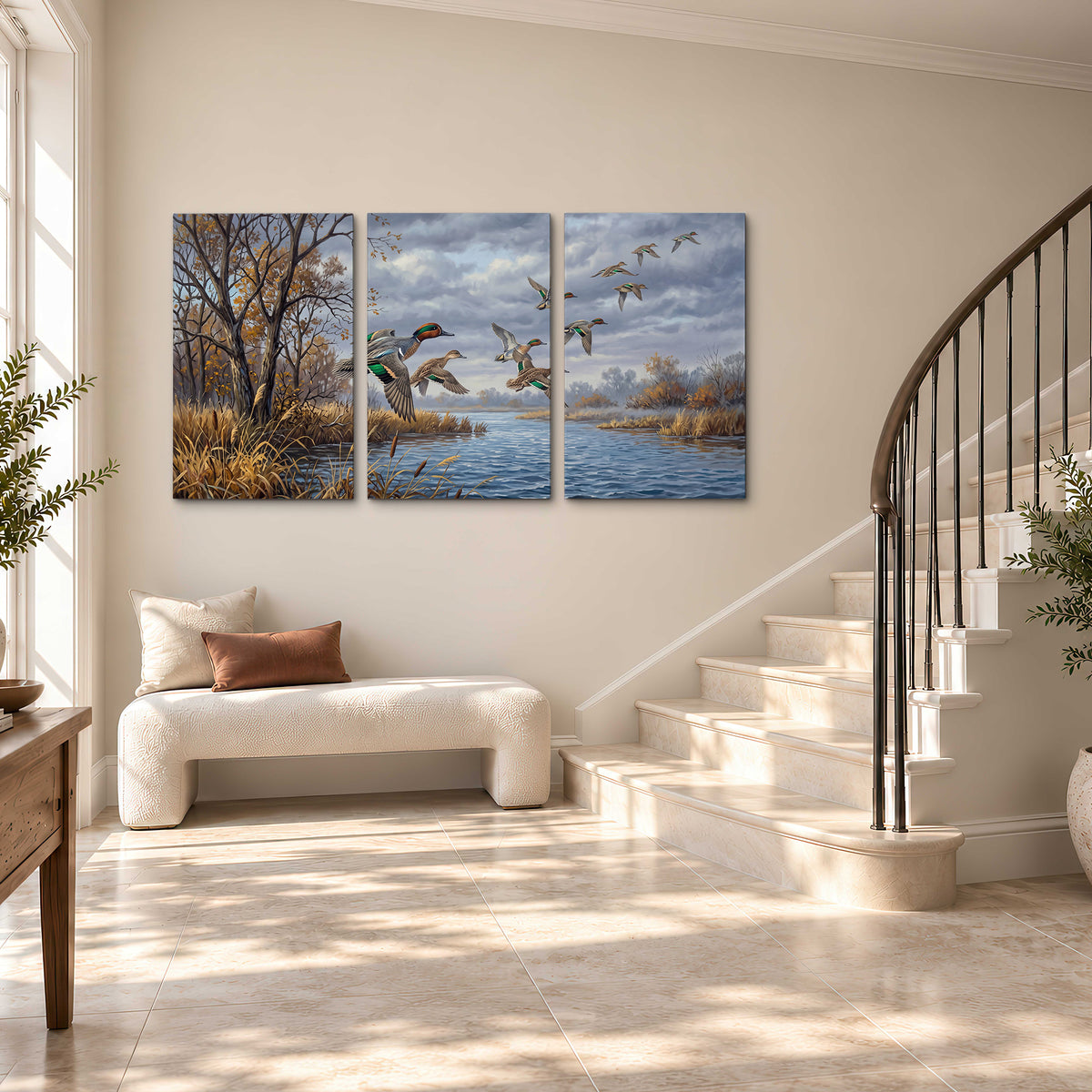 Ducks taking flight over a blue river framed by autumn branches 3 piece canvas wall art styled in an interior