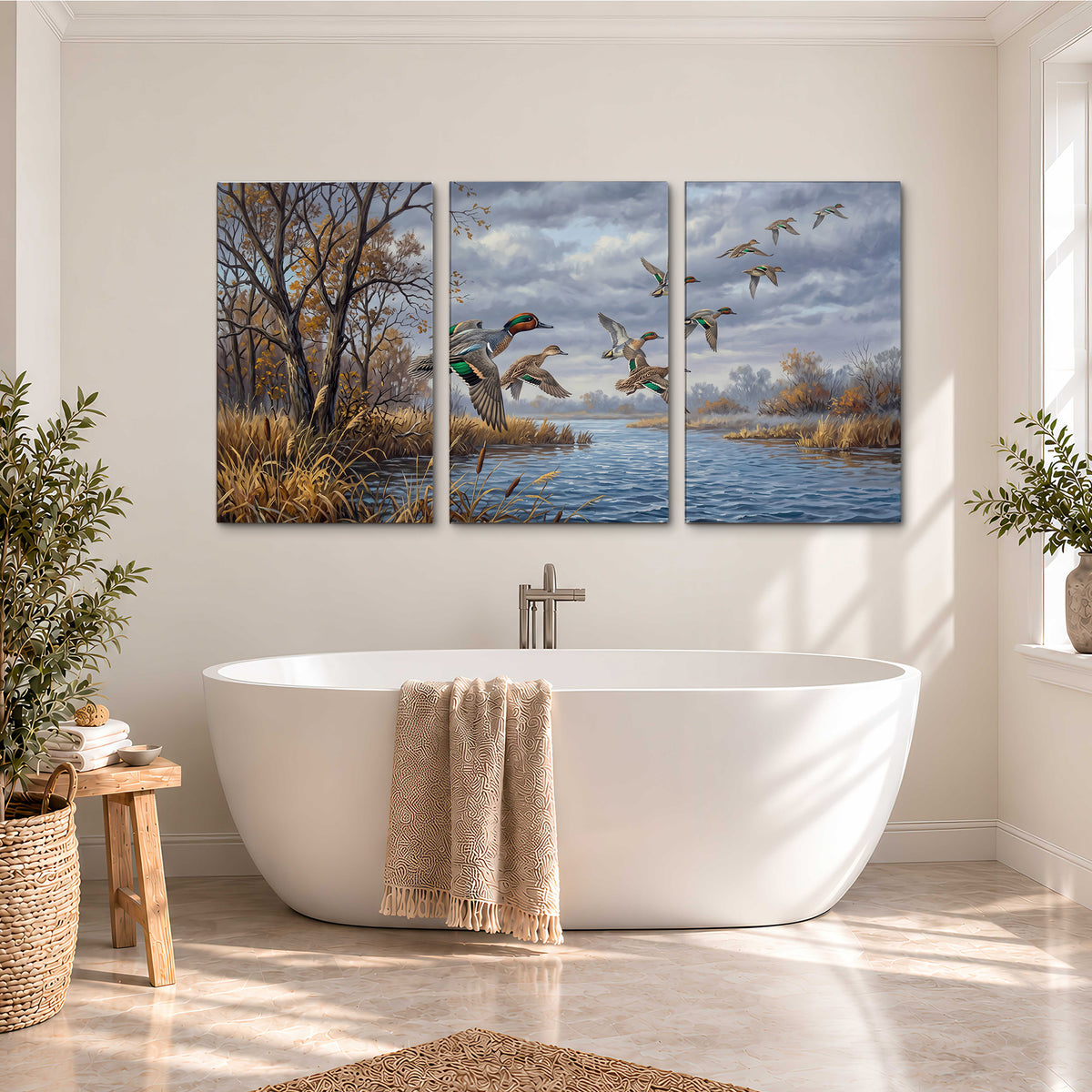 Ducks taking flight over a blue river framed by autumn branches 3 piece canvas wall art styled in an interior