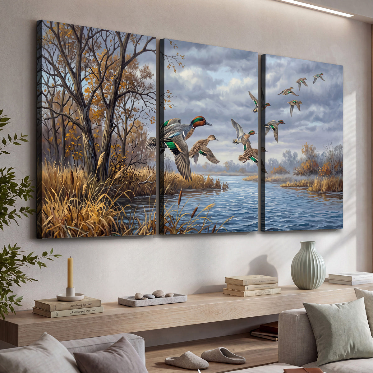 Ducks taking flight over a blue river framed by autumn branches 3 piece canvas wall art displayed in a console