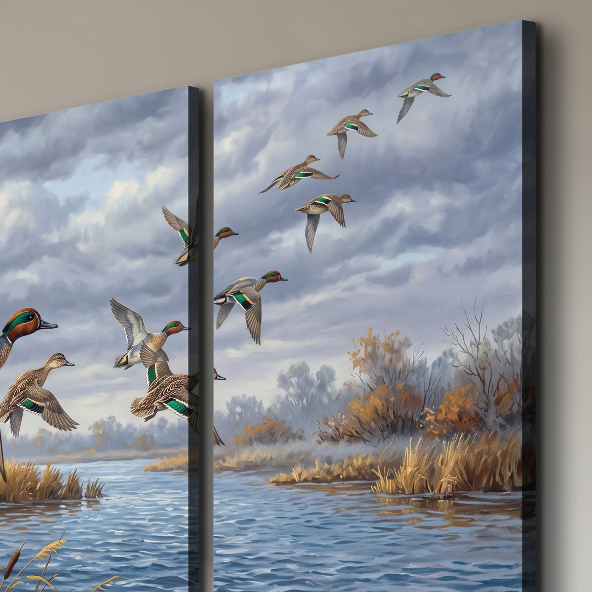 Ducks taking flight over a blue river framed by autumn branches 3 piece canvas wall art room and product view