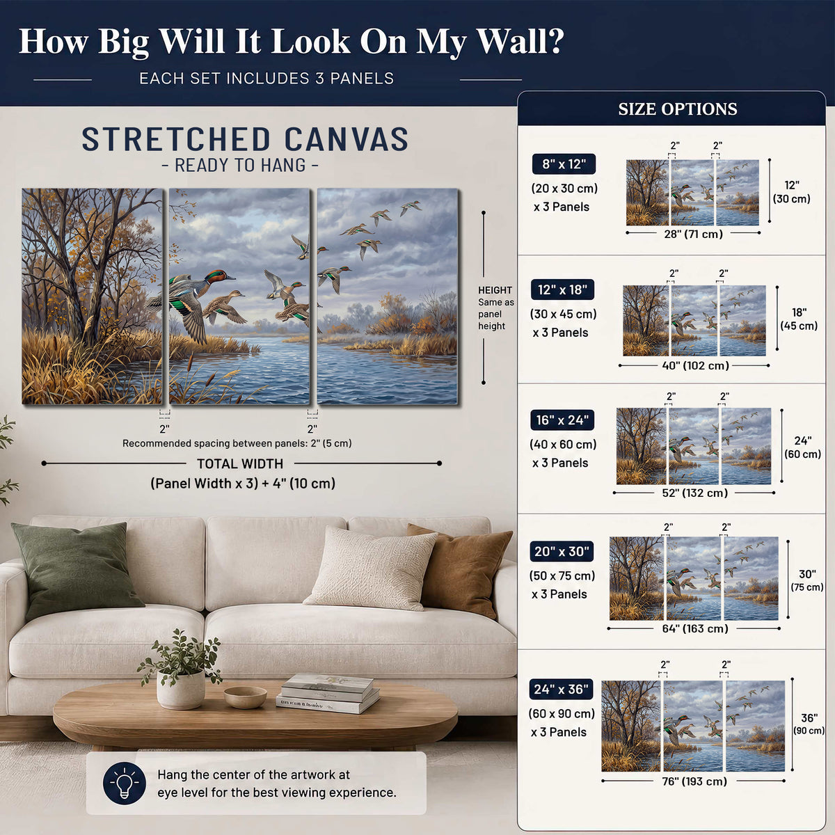 Ducks taking flight over a blue river framed by autumn branches 3 piece canvas wall art size guide above a sofa; room view is illustrative