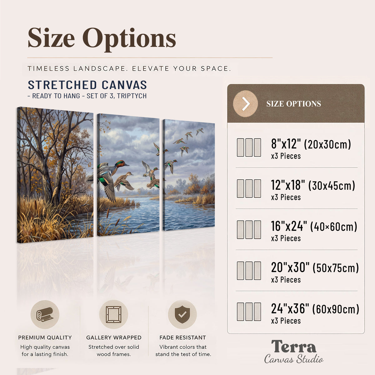 Ducks taking flight over a blue river framed by autumn branches 3 piece canvas wall art available dimensions; triptych dimensions are per panel