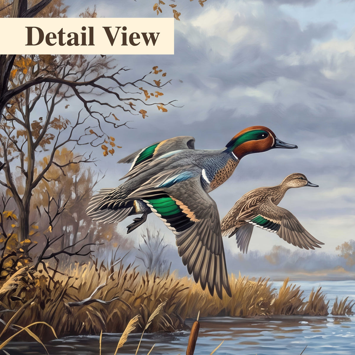 Ducks taking flight over a blue river framed by autumn branches 3 piece canvas wall art artwork detail close up