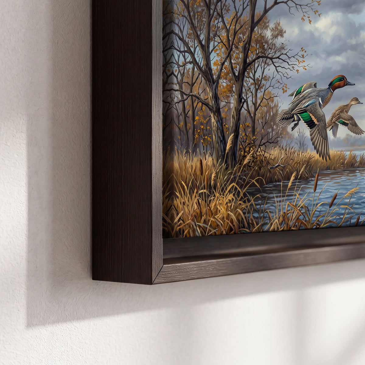 Ducks taking flight over a blue river framed by autumn branches 3 piece framed canvas wall art material and edge close up