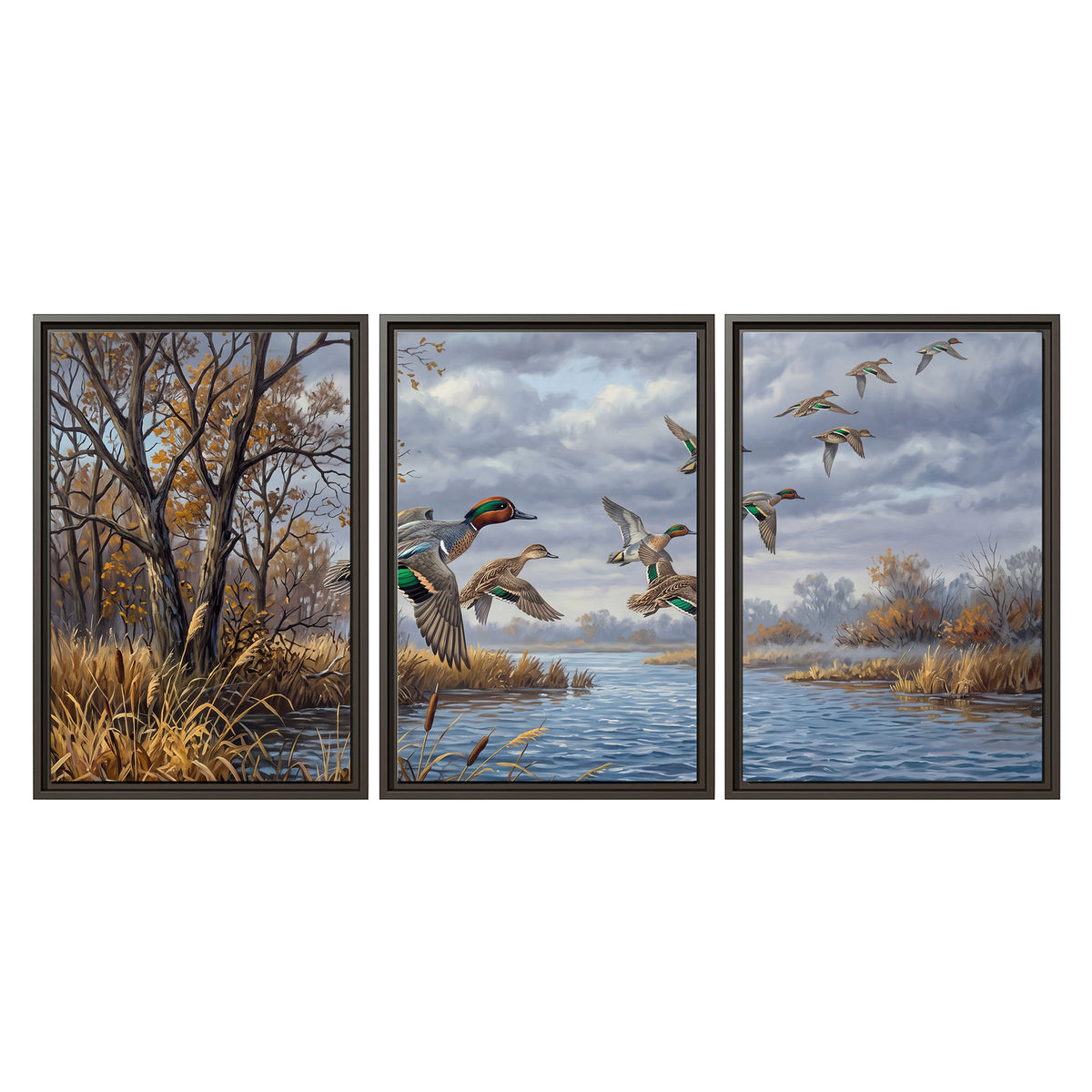 Ducks taking flight over a blue river framed by autumn branches 3 piece framed canvas wall art viewed straight on