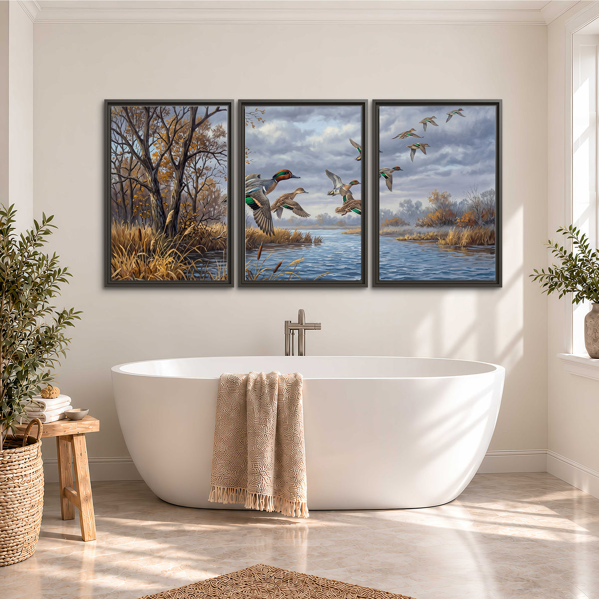 Ducks taking flight over a blue river framed by autumn branches 3 piece framed canvas wall art styled in an interior